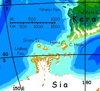 Map of Lidhna, a peninsula of the antarctic continent Sia, on Kakalea, a model of an Earthlike world full of Australias.