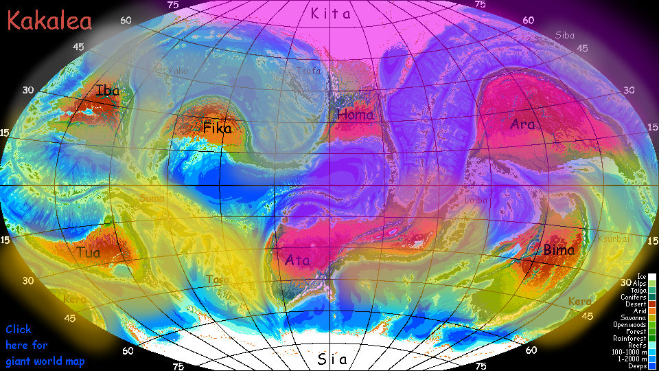 Rough biomass and population map of Kakalea, a model of an Earthlike world full of Australias.