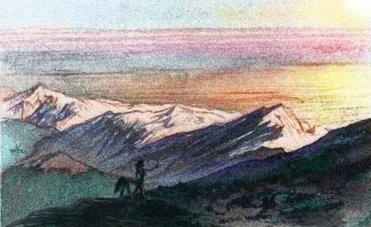 A centaur on a snowy ridge near sunset; ship in a fjord far below; the antarctic of Kakalea, a model of an unlucky Earthlike world.