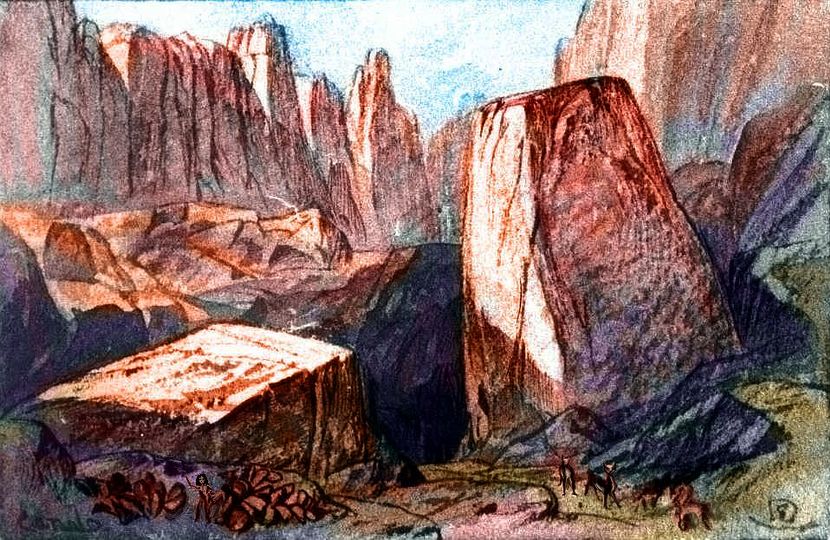 A sketch, after Edward Lear, of Kanesh Pass in western Suma, an island like a triple-sized New Guinea, on Kakalea, a model of an Earthlike world full of Australias.