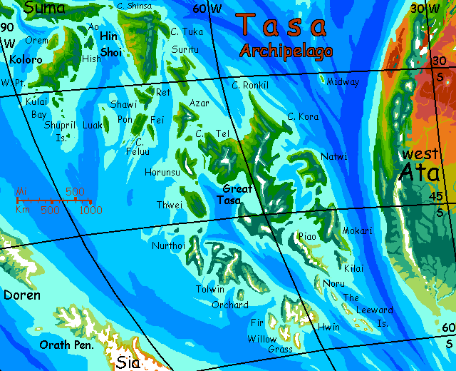 Map of the temperate Tasa Archipelago, about the size of Indonesia, on Kakalea, a model of an Earthlike world full of Australias.