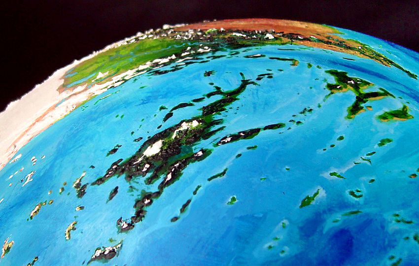 Low orbital photo of the Tsufa Islands (tundras and deserts of Homa in background; north pole to left) on Kakalea, a model of an Earthlike world full of Australias
