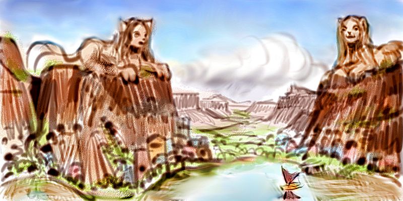 Sketch of stone sphinxes guarding Port Dekela, on northern Tua, a continent resembling a wider Australia, on Kakalea, a model of an Earthlike world full of Australias.