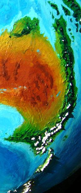 Orbital photo of eastern Tua, a small southern continent resembling Australia, on Kakalea, a model of an Earthlike world with dry continents.