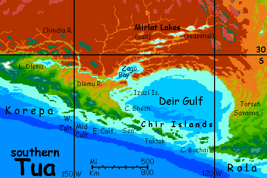 Map of southern Tua, a continent resembling a wider Australia, on Kakalea, a model of an Earthlike world full of Australias.