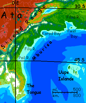 Map of southern Ata: Mburisa Coast and Unknown Is., on Kakalea, an unlucky Earthlike world: blue seas, red dry continents.