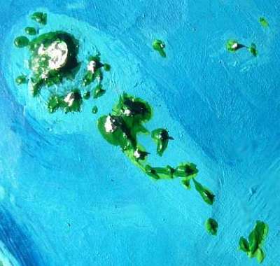 orbital photo of Yaho, a Hawai'i-like chain of shield volcanoes on Kakalea, a model of an Earthlike world with dry continents.