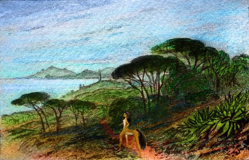Sketch after Edward Lear of a centaur near lighthouse on the volcanic Yaho Is, on Kakalea, a model of an Earthlike world with dry continents.
