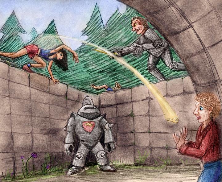 Sketch of a dream by Chris Wayan: a girl atop a stone wall, fleeing a knife-wielding armored man, tosses a key to me below. Click to enlarge.