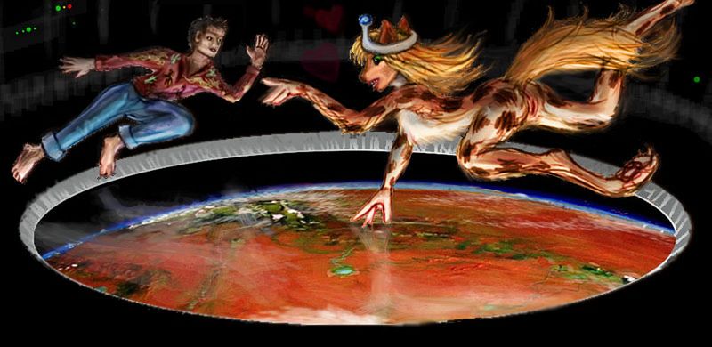 A human male and a canine woman hover in freefall over a round window; below is a desert world. Clearly we are in orbit. Sorry this isn't enlargeable, I accidentally destroyed the hi-res version.