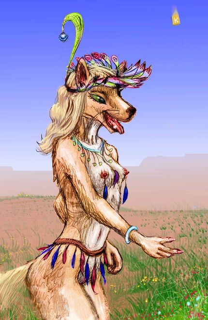 The Dog Princess in feathers and jewels, on a desert mesa typical of her home. Click to enlarge.