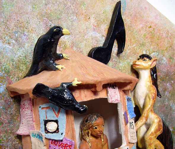 clay statue of the Moral Kiosk papered with moral commandments. On the right, in the form of a slender spotted mare with black mane and tail, I rear up to sing to the Reading Man inside the Kiosk, as two ravens peer in.