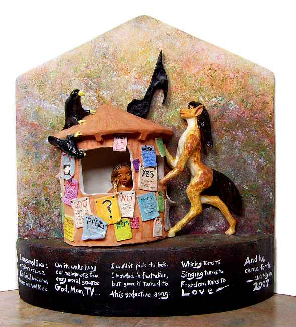 clay statue of the Moral Kiosk papered with moral commandments. On the right, in the form of a slender spotted mare with black mane and tail, I rear up to sing to the Reading Man inside the Kiosk, as two ravens peer in.