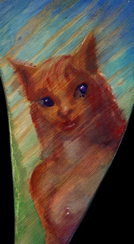 Face of kitsune/fox-girl; 2003 watercolor on leaf-shaped wood panel, by Chris Wayan. Click to enlarge.