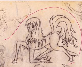 Jasha, a krelkin, a marelike dream being, kneeling; raw pencil sketch, 1974, by Wayan. Click to enlarge.