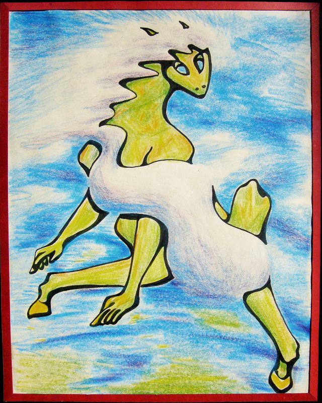 Krelkin with pale mane and tail blending into a white and blue sky. Crayon sketch of dream being by Wayan