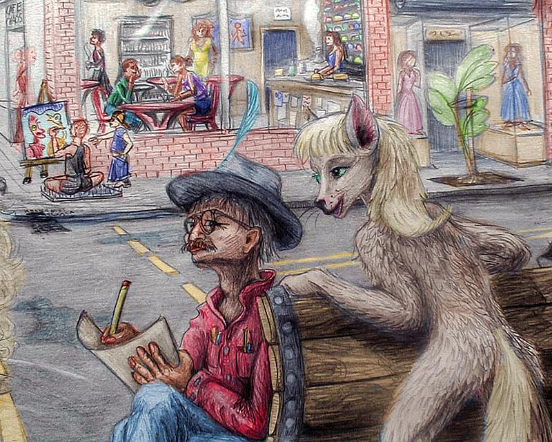 R. Crumb on a Mission St bench. A female krelkin, a furry alien from my dreams, peeks at his drawing. Across the street his brother Max sits on a bed of nails, painting surrealist faces. Click to enlarge.