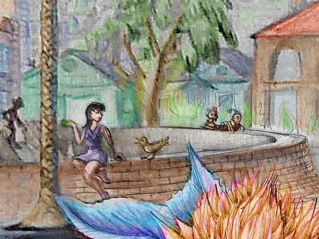 Girl sits on a wall by a BART station entrance, teasing a gull with her sandwich. It's changed since I drew this. There's a spiked 'safety' wall there now, so people can't sit. Progress!