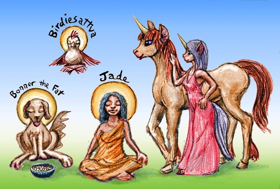 Unicorn and Lady (looking unicornish) watch a woman, a dog & a bird meditate. Dream sketch by Wayan. Click to enlarge.