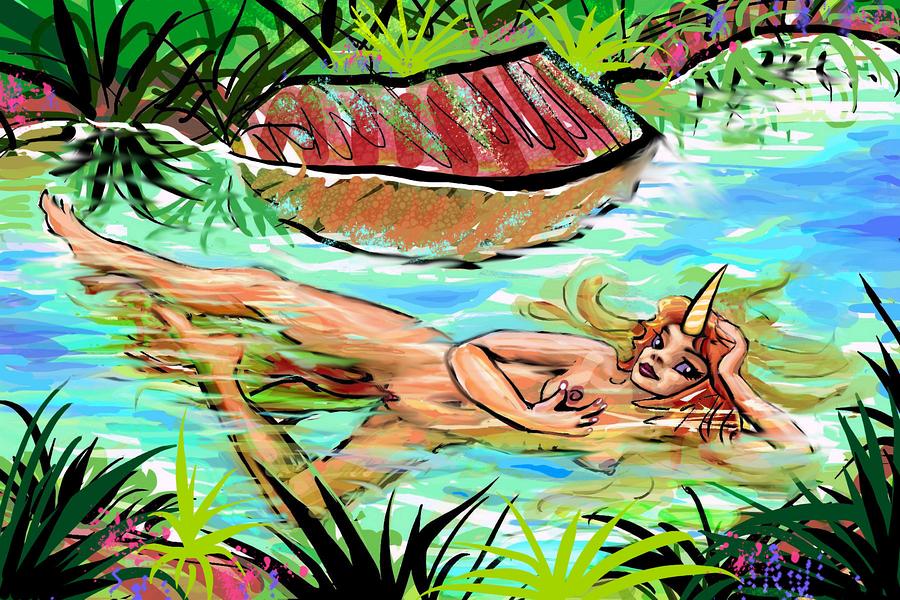 Unicorn girl in hotspring. Dream sketch by Wayan. Click to enlarge.