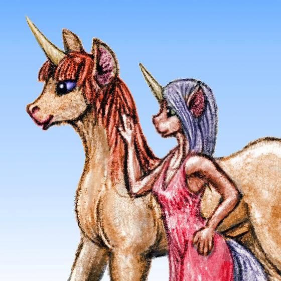 Unicorn stallion with demicorn lady. Detail of dream sketch by Wayan.