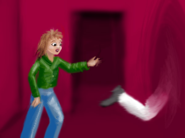 Digital sketch of a dream by Wayan: in a maroon room, I gape as Larry leaps through a hazy oval gate and disappears.