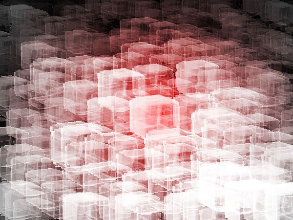 A rosy glow somewhere inside a cluster of translucent cubes, each signifying a universe.