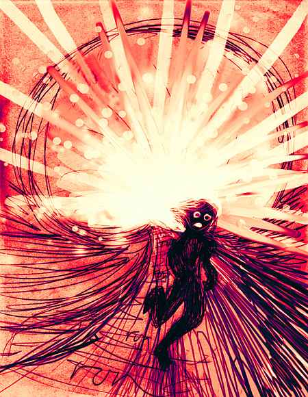 A running, frightened figure silhouetted by a red-gold explosion