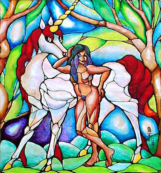 Study for stained glass window; black lines, bright colors. Under trees, a nude girl with dusky hair leans on a white unicorn with red tail and mane.