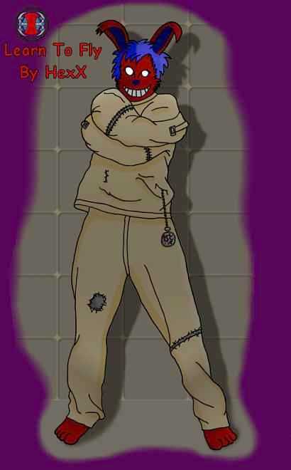 Digital sketch of a nightmare by Hexx-Kitty of VCL: a grinning blank-eyed rabbit-man with maroon fur, in a straitjacket