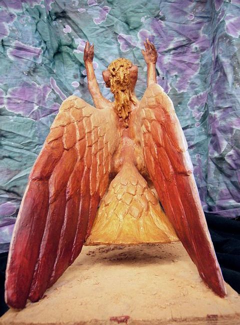 Painted clay statue, 'Lebbird Ecstatic'; rear view of wings. Click to enlarge.