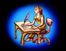 oval sketch of dream image by Wayan: A woman writes with a quill pen at a desk.