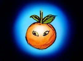 oval sketch of dream image by Wayan: An orange with eyes hangs from a branch