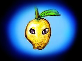 oval sketch of dream image by Wayan: A Meyer lemon with violet eyes on a leafy branch.