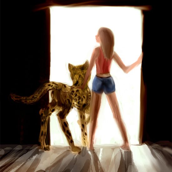 Digital sketch of a dream by Wayan: a huge leopard and a girl in red shirt and blue shorts peer through a doorway.