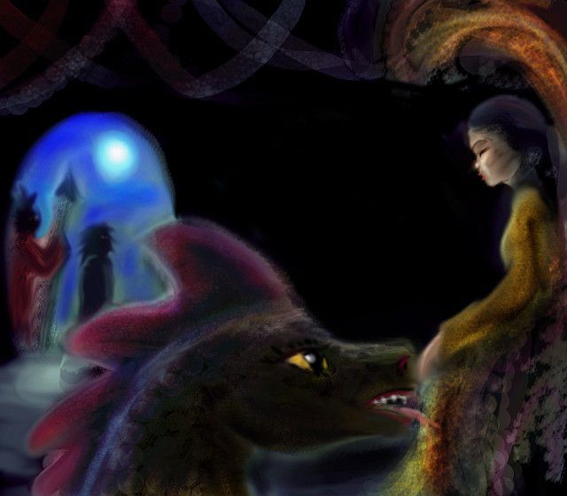 Sketch of a throneroom at night. The Empress of China sits in the dark conversing with the Imperial Dragon.