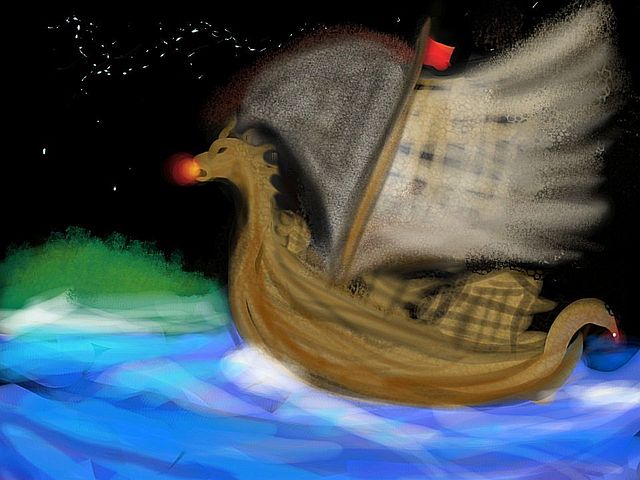 Sketch of dragon-headed ship sailing through night. Click to enlarge.