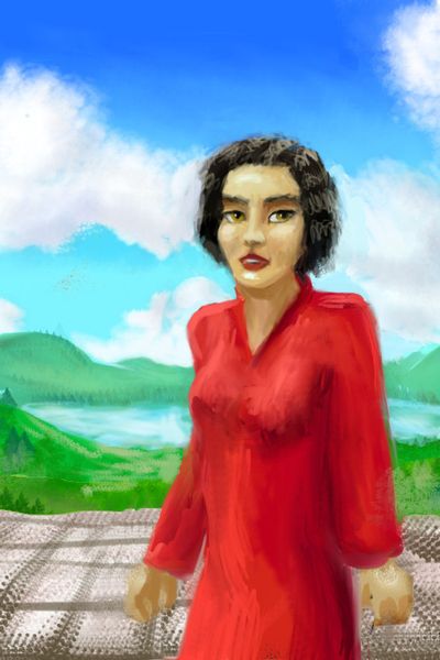 A severe woman in red, Miss Jean Brodie; dream sketch by Wayan. Click to enlarge.