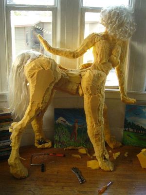 Yellowish foamrubber armature for a centaur 1.5 m tall; dream sculpture by Wayan. Click to enlarge