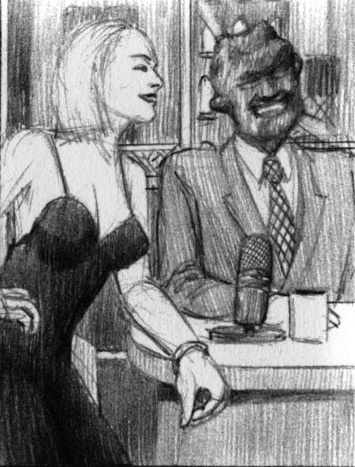 As David Letterman interviews Sharon Stone, steaming lumps grow on his head. Dream sketch by Jim Shaw. Click to enlarge.