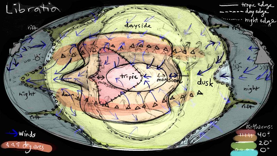 Map of isotherms and light zones on Libratia, a tidelocked but nodding planet.