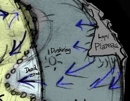 Sketchmap of equatorial dead zone reaching west into the dayside of Libratia, a tidelocked world.