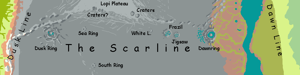 Sketchmap of the Scarline, a chain of impact craters on the equatorial nightside of Libratia, a tidelocked world, by Chris Wayan.