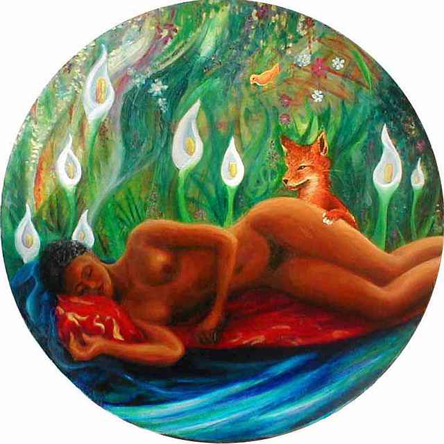 round painting of a curious fox and a small orange bird watching a woman sleeping in a jungle