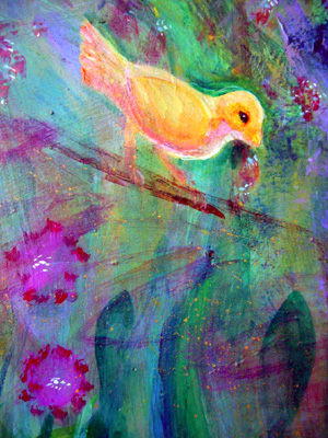 Painting of a yellow bird on a jungle branch. Oops. Photo is flipped left to right! Feh.