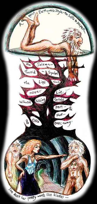 I thrust deep into thermal strata below the dome; Cary flies in and scolds me in fury. Words by Emily Dickinson: above: 'A quiet earthquake style - too subtle to suspect'; middle 'the solemn -  torrid - Symbol - the Lips that never Lie - whose hissing Corals part - and shut - and Cities ooze away'... and at foot 'She dealt her pretty words like blades.' Click to enlarge.