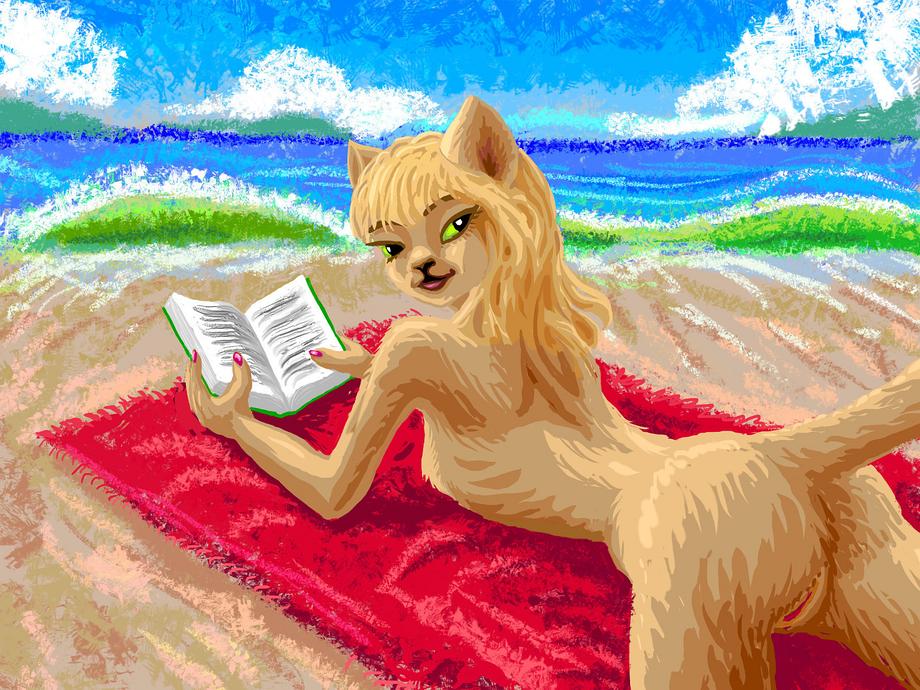 Lion-girl reads & sunbathes on the beach. Dream sketch by Wayan. Click to enlarge.