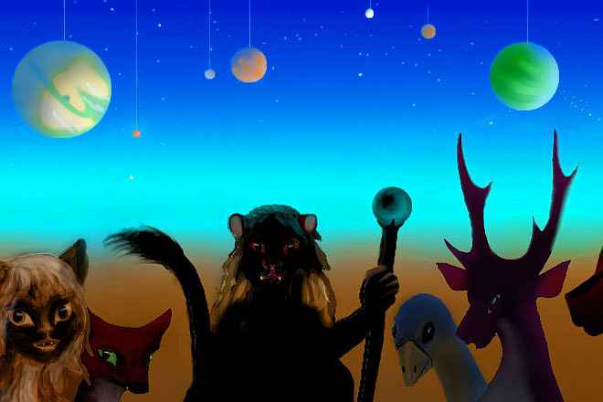 Silhouettes of the Lion King, a huge bird, a catgirl, a green-eyed fox and a deer-man, under seven huge moons and planets--models, suspended by wires.