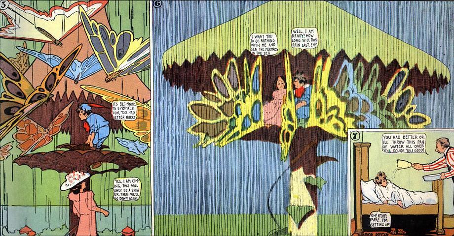 Panels of 'Little Nemo in Slumberland' from August 12, 1906: Nemo and the Princess shelter from a sudden rain with some giant butterflies. He wakes to find his dad sprinkling water on him.