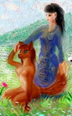 Chinese lady and her fox-girl maid; sketch from dream 'Lola', by Wayan.